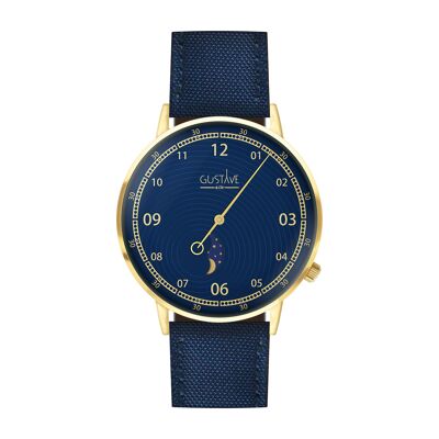 Reloj Georges Moon Phase dorado y azul - Correa de lona azul marino