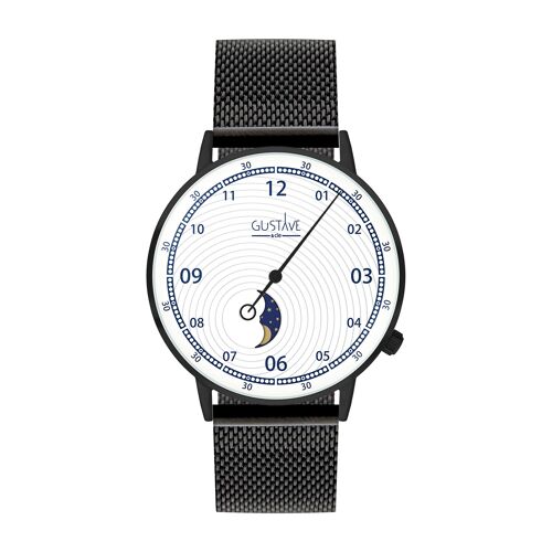 Montre Phase de Lune Georges Noir et blanc - Bracelet milanais noir