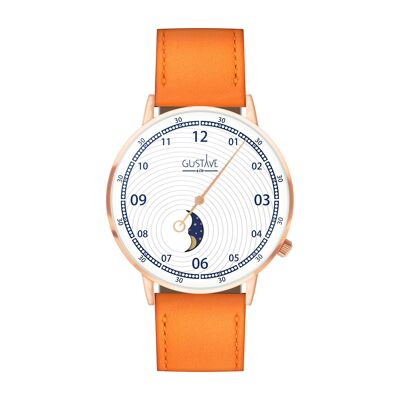 Georges Moon Phase Watch Pink and white gold - Orange leather strap with stitching