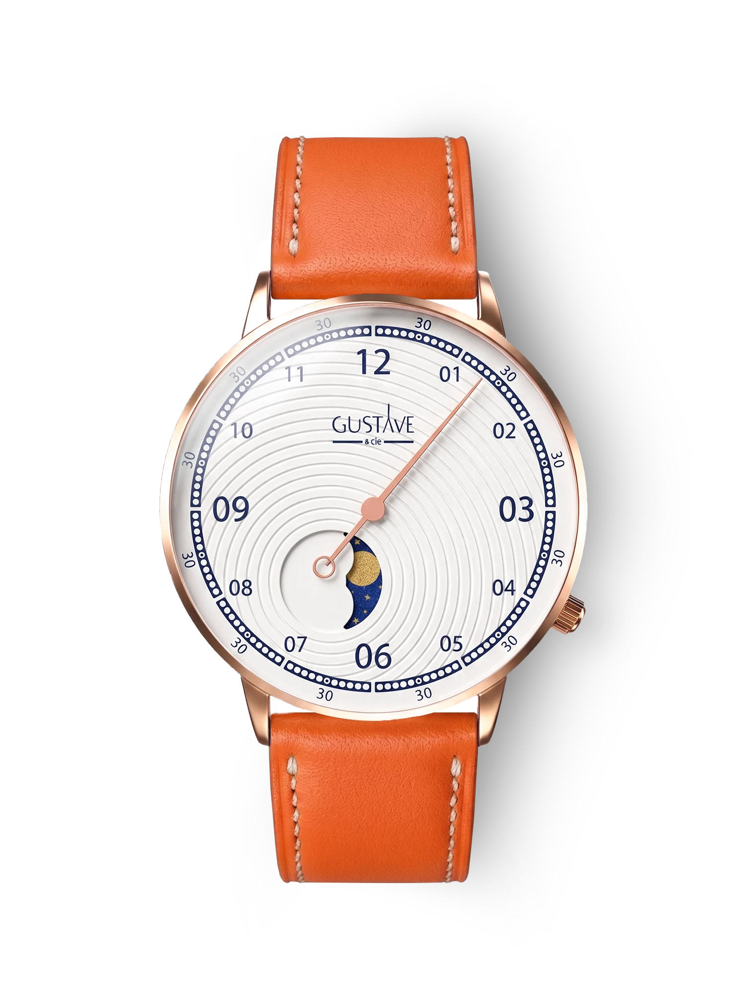 Georges 12H Uhr Roségold und Weiß - Orangefarbenes Lederarmband mit Nähten