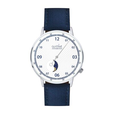 Reloj Georges Moon Phase plateado y blanco - Correa de lona azul marino