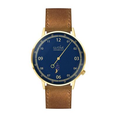Reloj Georges Moon Phase dorado y azul - Correa de piel marrón con costuras