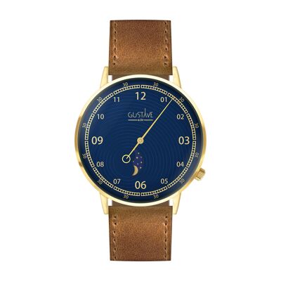 Gold und Blau Georges Moon Phase Uhr - Braunes Lederarmband mit Nähten