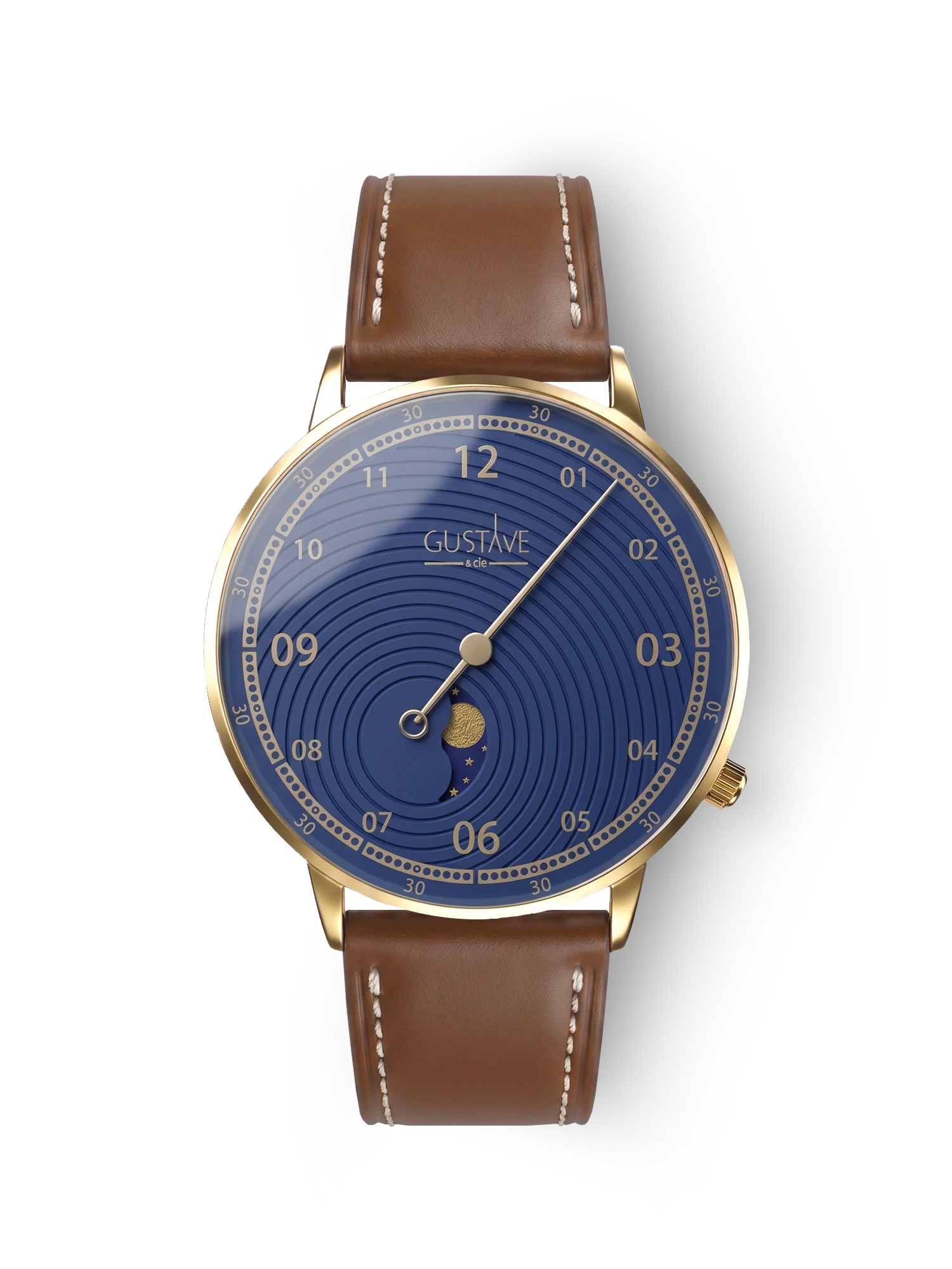 Georges 12H Gold- und Blauuhr – Braunes Lederarmband mit Nähten