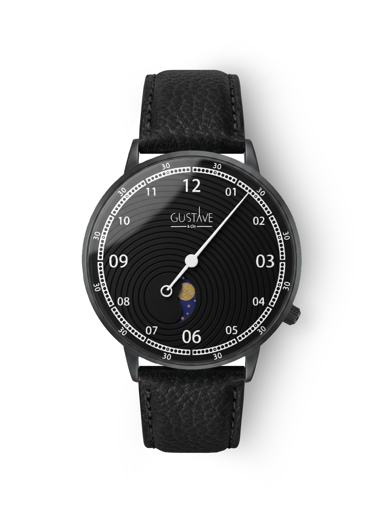 Georges 12H Schwarz-schwarze Uhr - Schwarzes Lederarmband mit Nähten