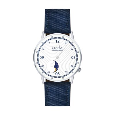 Reloj Georges Moon Phase plateado y blanco - Correa de lona azul marino