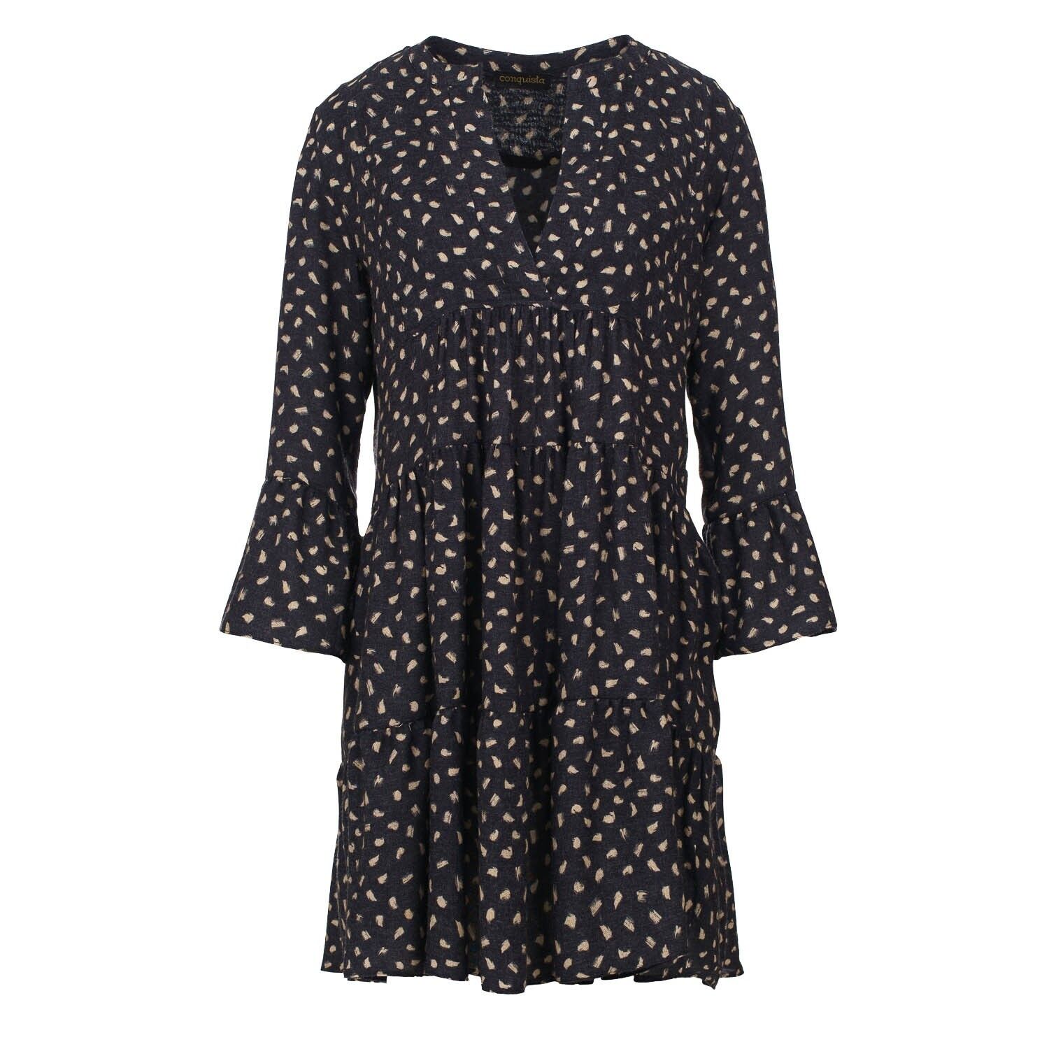 Abito a trapezio cammello e grigio scuro con maniche a campana