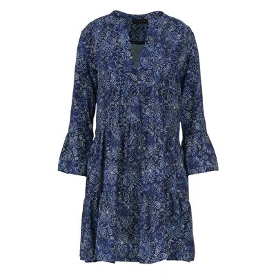 Blaues A-Linien-Kleid mit Paisley-Muster und Glockenärmeln