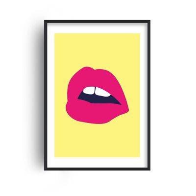 Pink Lips Yellow Back Print - A2 (42x59.4cm) - Black Frame