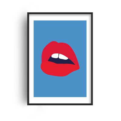 Red Lips Blue Back Print - A4 (21x29.7cm) - Black Frame
