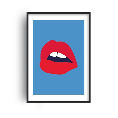 Red Lips Blue Back Print - A4 (21x29.7cm) - White Frame