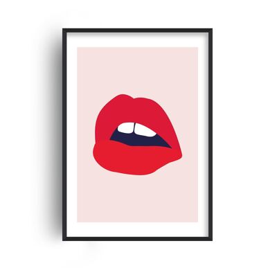 Red Lips Salmon Back Print - A2 (42x59.4cm) - Black Frame