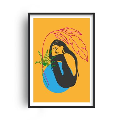 Girl Under Plant Neon Funk Print - A4 (21x29.7cm) - White Frame