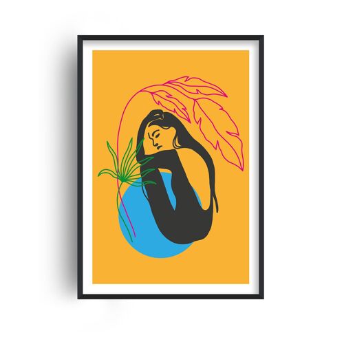 Girl Under Plant Neon Funk Print - A2 (42x59.4cm) - Black Frame