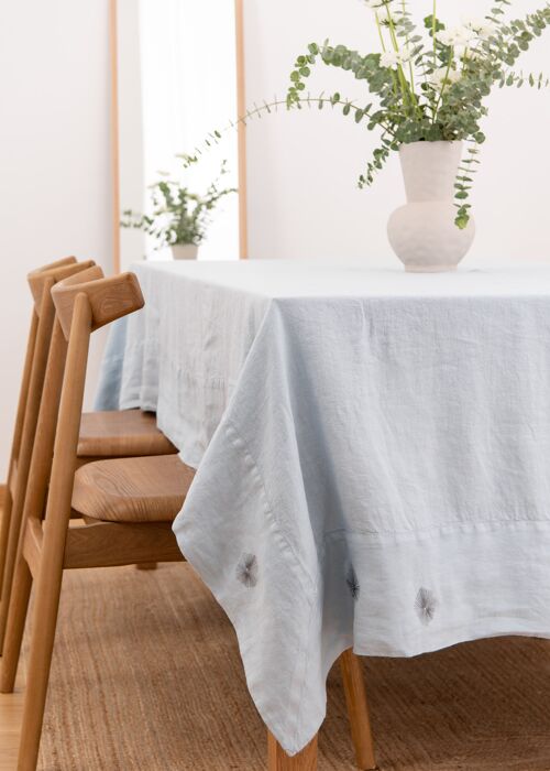 Light Blue Linen Tablecloth with Embroidery