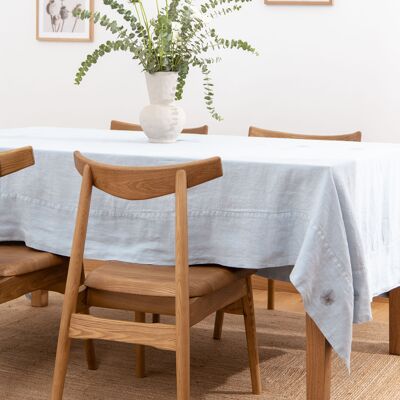 Light Blue Linen Tablecloth with Embroidery