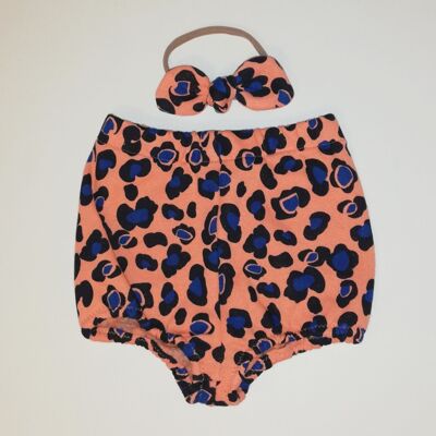 Coral Leopard print Bloomers and bow set_Crocodile clip