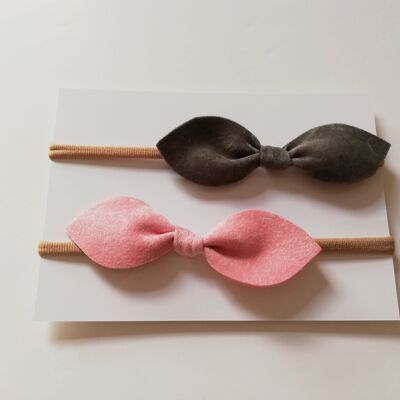 Velvet Hair Bow Duo- Pink and Grey_Crocodile Clip-I