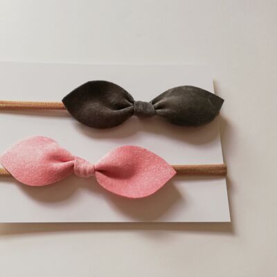 Velvet Hair Bow Duo- Pink and Grey_Crocodile Clip-II