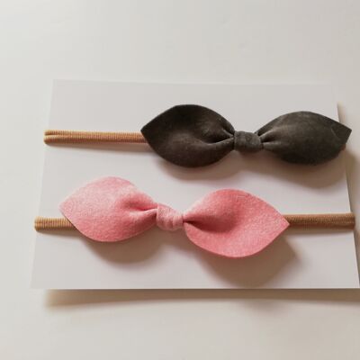 Velvet Hair Bow Duo- Pink and Grey_Crocodile Clip-III