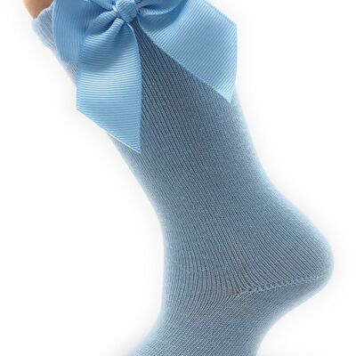 CHAUSSETTES HAUTES AVEC BOW GROS-GRAIN CELESTE de 3 à 8 ANS