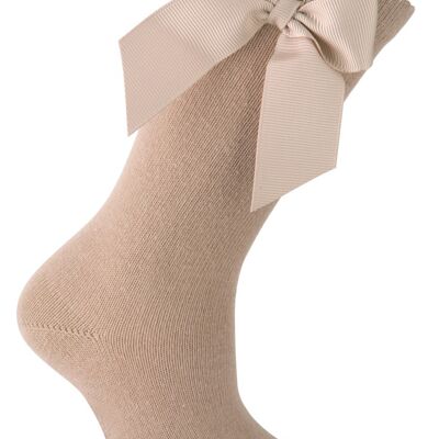 CHAUSSETTES HAUTES AVEC BOW GROS-GRAIN CAMEL de 3 MOIS à 2 ANS