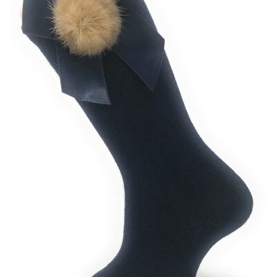 HIGH SOCKS WITH BOW AND NAVY POMPON from 3 to 8 YEARS