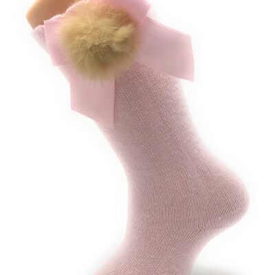 CHAUSSETTES HAUTES AVEC NOEUD ET POMPON ROSE de 3 à 8 ANS