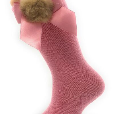 CHAUSSETTES HAUTES AVEC NOEUD ET POMPON ROSE PALO de 3 à 8 ANS