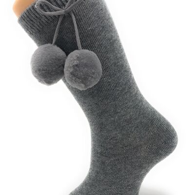 CHAUSSETTES HAUTES À POMPONS GRIS MOYEN DE 3 MOIS À 2 ANS