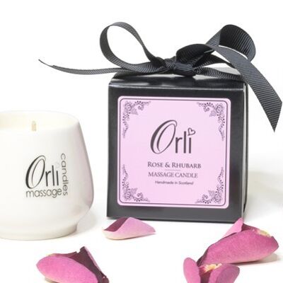 Candela da massaggio in ceramica rosa e rabarbaro con confezione regalo/nastro – 50 g