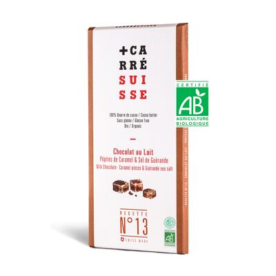 N ° 13 - Barrita de chocolate con leche, caramelo y sal de Guérande, ECOLÓGICA y de comercio justo, 100g
