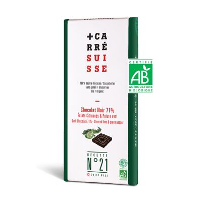 N ° 21 - Dark chocolate bar 71%, lemon chips & green pepper, ORGANIC & fair trade, 100g