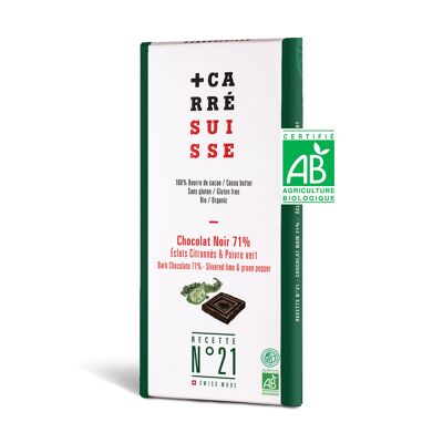 N°21 - Barra de chocolate negro 71%, chips de limón y pimiento verde, BIO y comercio justo, 100g