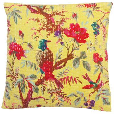 Housse de coussin Kantha à imprimé oiseau jaune citron tropical