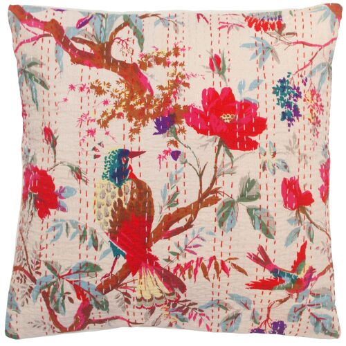 Tropical Cream White Bird Print Kantha Cushion Cover