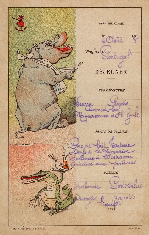 Le Paquebot Portugal 1903 (Hippo) Menu Art by Auguste Vimar - A3+ (329x483mm, 13x19 inch) Archival Print (Unframed)