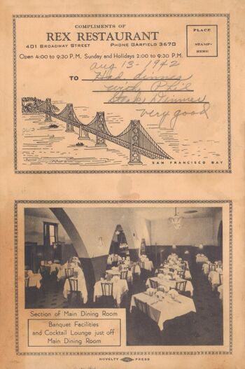 Rex Restaurant, San Francisco, 1942 - 50x76cm (20x30 pouces) Tirage d'archives (Sans cadre) 3