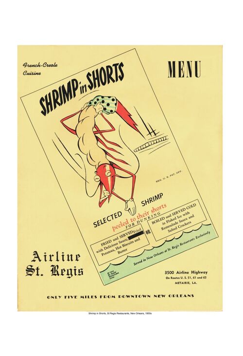 Shrimp in Shorts, St Regis Restaurant, New Orleans, 1950s - A4 (210x297mm) Archival Print (Unframed)