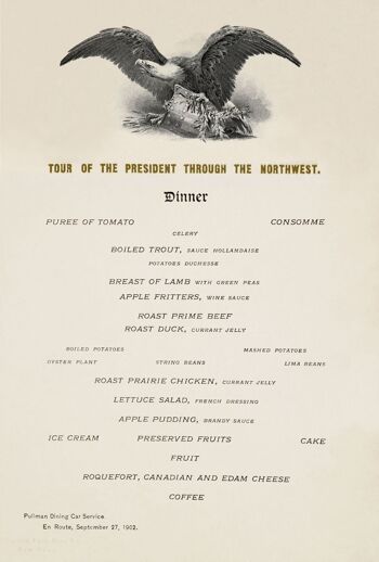 Tour du président Theodore Roosevelt à travers le nord-ouest 1902 - Menu du dîner - A1 (594x840mm) Impression d'archives (Sans cadre) 2