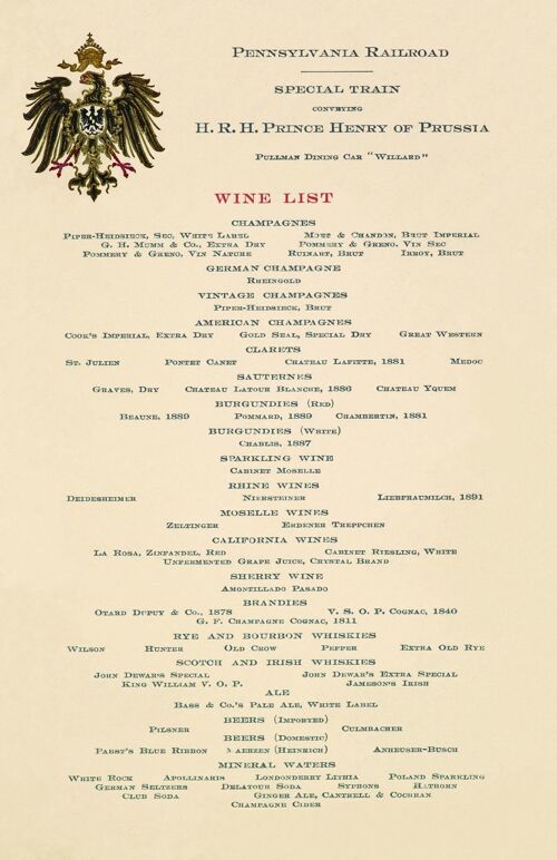 Wine List For Prince Henry of Prussia's Pullman Dining Car "Willard" 1902 - A4 (210x297mm) Archival Print (Unframed)