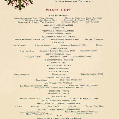 Carte des vins pour la voiture-restaurant Pullman du prince Henri de Prusse « Willard » 1902 - A4 (210 x 297 mm) impression d'archives (sans cadre)