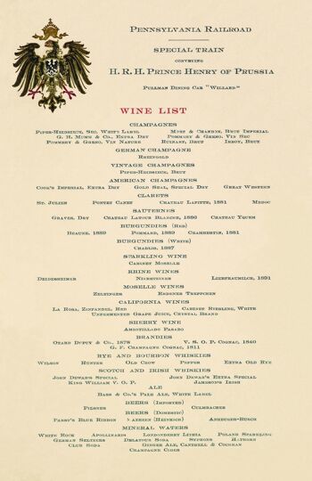 Carte des vins pour la voiture-restaurant Pullman du prince Henri de Prusse « Willard » 1902 - A4 (210 x 297 mm) impression d'archives (sans cadre) 1