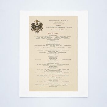 Carte des vins pour la voiture-restaurant Pullman du prince Henri de Prusse « Willard » 1902 - A4 (210 x 297 mm) impression d'archives (sans cadre) 2