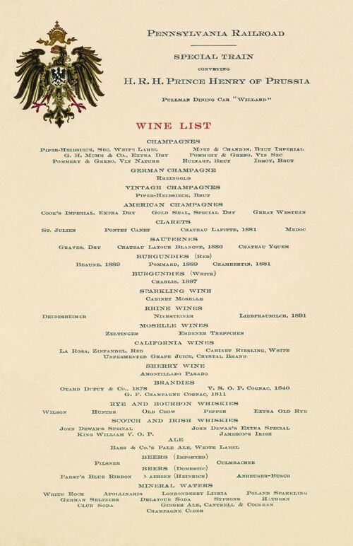 Wine List For Prince Henry of Prussia's Pullman Dining Car "Willard" 1902 - A2 (420x594mm) Archival Print (Unframed)