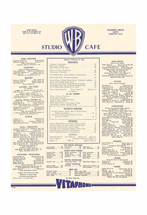 Warner Bros. Studio Canteen, Hollywood 1941 - A3 (297x420mm) Archival Print (Unframed)