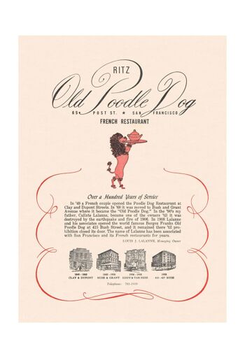 Ritz Old Poodle Dog, San Francisco des années 1950 - 50 x 76 cm (20 x 30 pouces) impression d'archives (sans cadre) 1