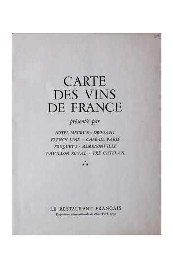 Liste des vins du Restaurant Français, New York World's Fair 1939 - 50x76cm (20x30 pouces) Tirage d'archives (Sans cadre) 2