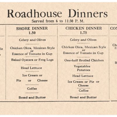 Roadhouse Dinners 1918 - A3+ (329x483mm, 13x19 inch) Archival Print (Unframed)