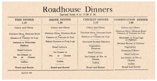 Roadhouse Dinners 1918 - 50x76cm (20x30 inch) Archival Print (Unframed)